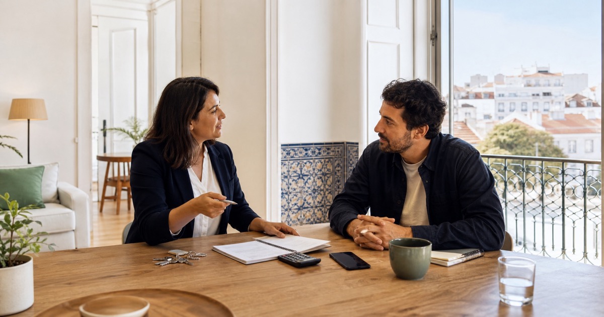 Nouvel arrivant discutant d'un bail pendant une visite d'appartement au Portugal