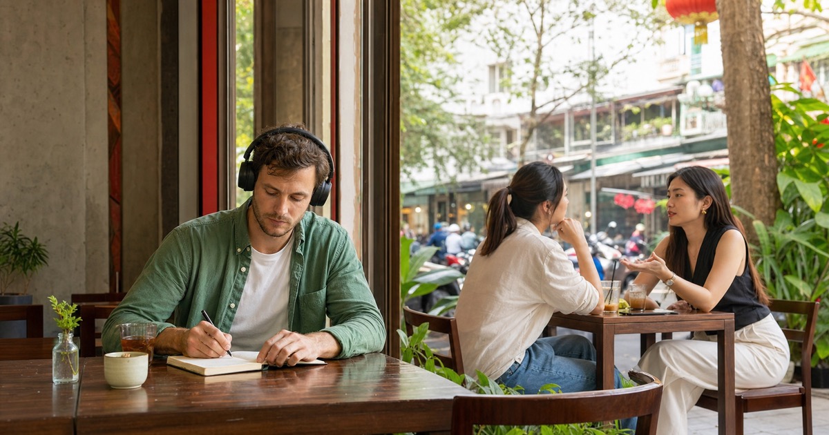 Language learner practising Vietnamese listening in a street-side cafe